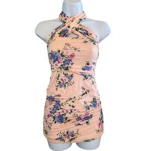 Zara Peach Floral Crisscross Halter Mini Dress